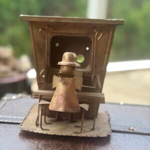 Vintage Reclaimed Metal Folk Art Sculpture – Desk Scene with Hat-Wearing Figure
